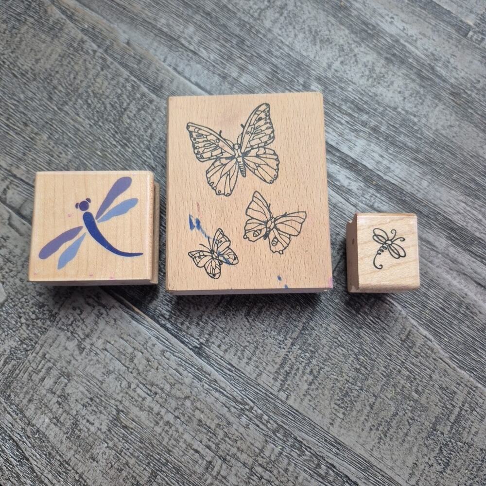 Vintage Wood Stamps Butterfly Dragonfly Rubber Lot of 3 Crafts Card Scrapbooking
